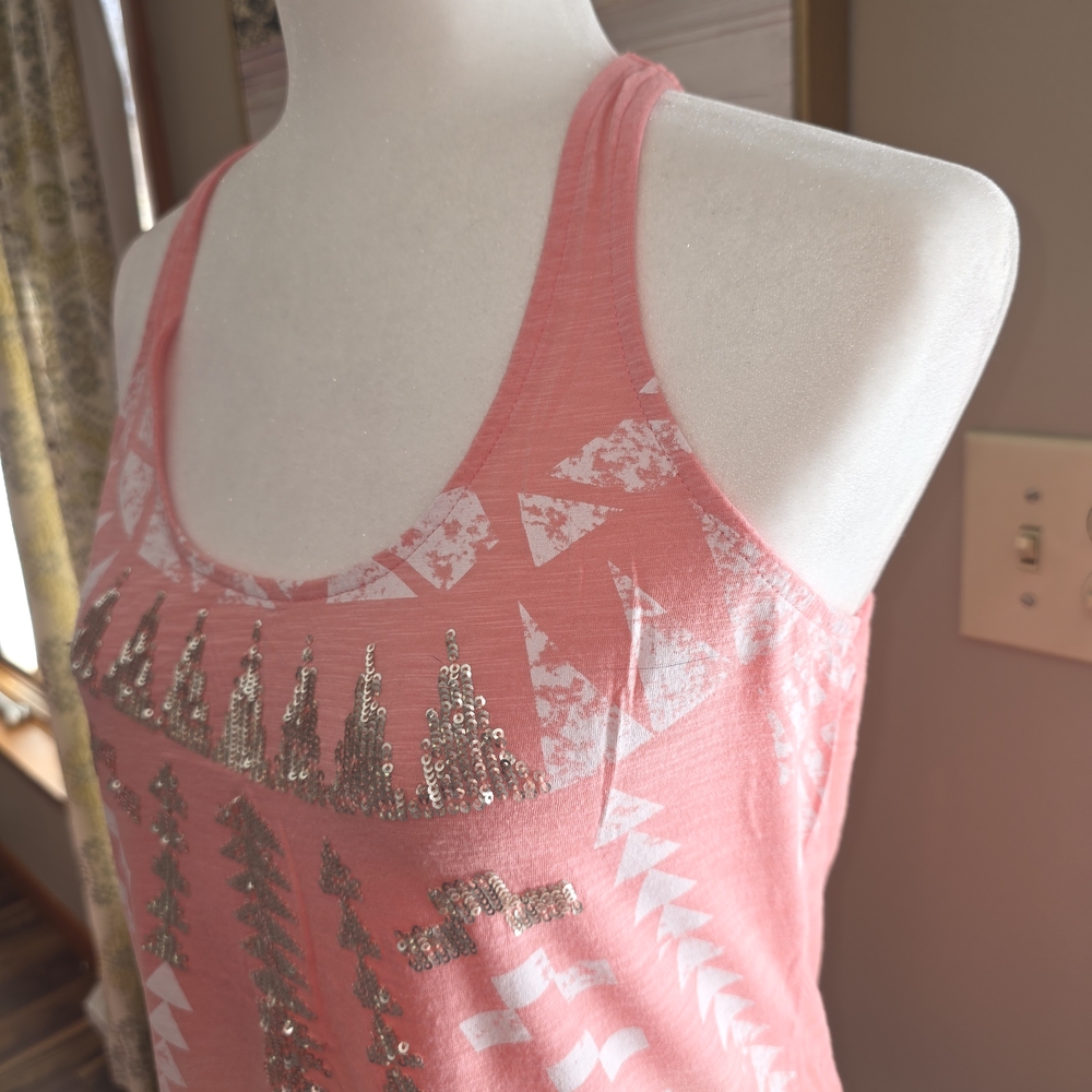 Express Coral Pink Sequin Graphic Racerback Tank